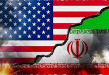 Iran Kills U.S. Troops — Night 8 Erupts A cracked wall displaying the flags of the USA and Iran, symbolizing conflict