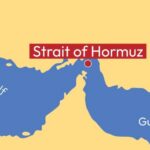 Map highlighting the Strait of Hormuz between the Persian Gulf and Gulf of Oman