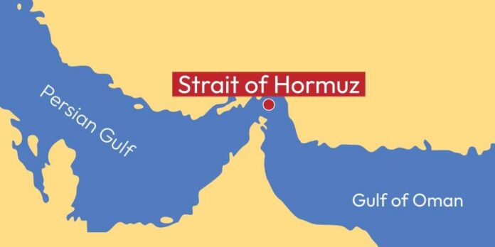 shutterstock_2748827501 Map highlighting the Strait of Hormuz between the Persian Gulf and Gulf of Oman
