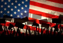 Families Strike Back: Harvard Pays Up Silhouettes of protesters holding signs in front of an American flag