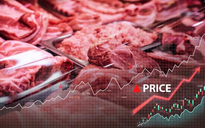 Shot,Of,Uncooked,Fresh,Meat,In,Counter,Of,Meat,Store. Meat display with price trend graph overlay