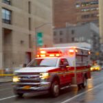 Lightning BLAST at Ohio Prison Ambulance with flashing lights driving on a wet city street