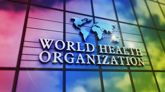 World Health Organization logo on a colorful glass building