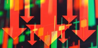 Red downward arrows over red and green stock candlestick chart