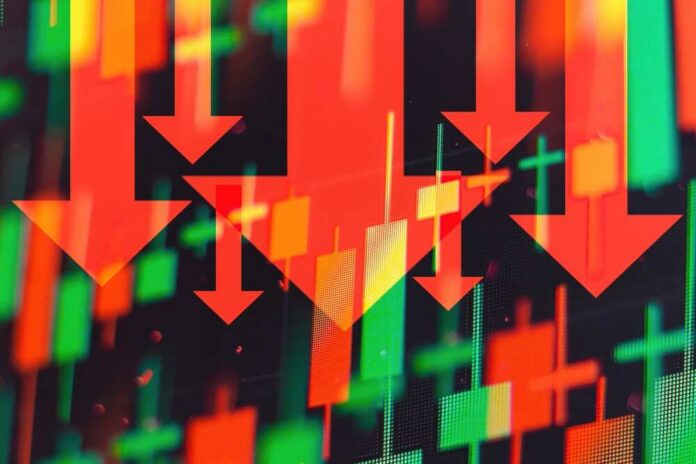 Decreasing,Red,Arrows,Showing,The,Deterioration,Of,The,Economy,Or Red downward arrows over red and green stock candlestick chart