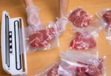 Meat-Only Miracle? Nasty Medical Condition Vanishes? Hands wearing gloves vacuum sealing meat in plastic bags