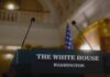 White House Door Slammed Shut – Judges Step In? Podium with microphones in a formal government setting
