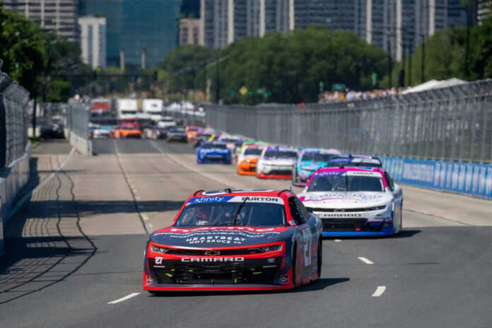 shutterstock_2489533817 Stock car race on urban street circuit.