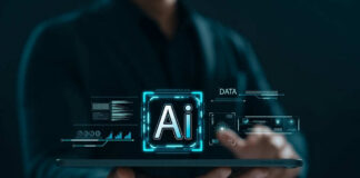 Person holding tablet with AI hologram display