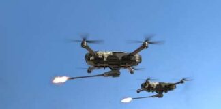 Two military drones firing projectiles in the sky