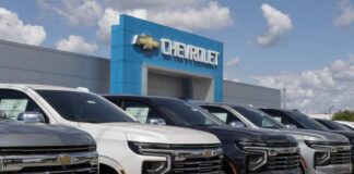 Chevrolet SUVs lined up at a dealership lot
