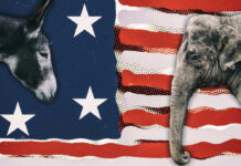 Trump Deal Triggers Bipartisan Revolt Donkey and elephant on American flag background.