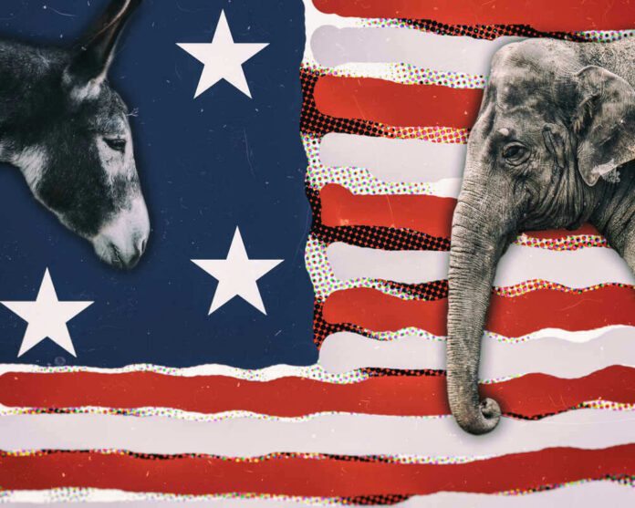 shutterstock_1055911847 Donkey and elephant on American flag background.