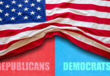 Top Republican Goes Blue American flag draped over a divided background representing Republicans and Democrats