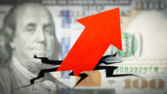 shutterstock_2132991311 Red arrow on cracked $100 bill.