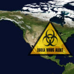 Ebola Lands In – Patient Dies North America map with biohazard warning triangle overlay