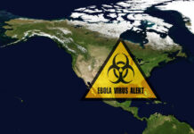 Ebola Lands In – Patient Dies North America map with biohazard warning triangle overlay