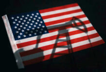 Trump Teases Drilling – Then Reality Hits American flag with oil pump shadow overlay.