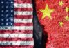 A split image showing the American flag on one side and the Chinese flag on the other