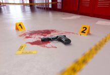 Hero Myth CRUMBLES – Chilling New Timeline Handgun on a blood-stained floor with evidence markers in a locker room
