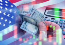 Stock Market Reaches Shocking Milestone USA flag calculator and hands holding dollars overlapping