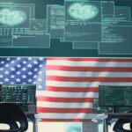 Shock: AI Now Fuels Most Attacks A high-tech workspace featuring multiple computer monitors displaying data and an American flag in the background