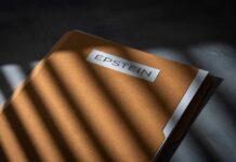 Epstein Files: Lost Then Found A brown folder with the name 'EPSTEIN' on it, partially illuminated by light and casting shadows