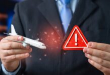 Businessperson holding airplane model and red warning sign