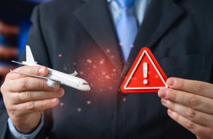 A,Passenger,Plane,And,A,Red,Attention,Sign.,Breaking,Aviation Businessperson holding airplane model and red warning sign